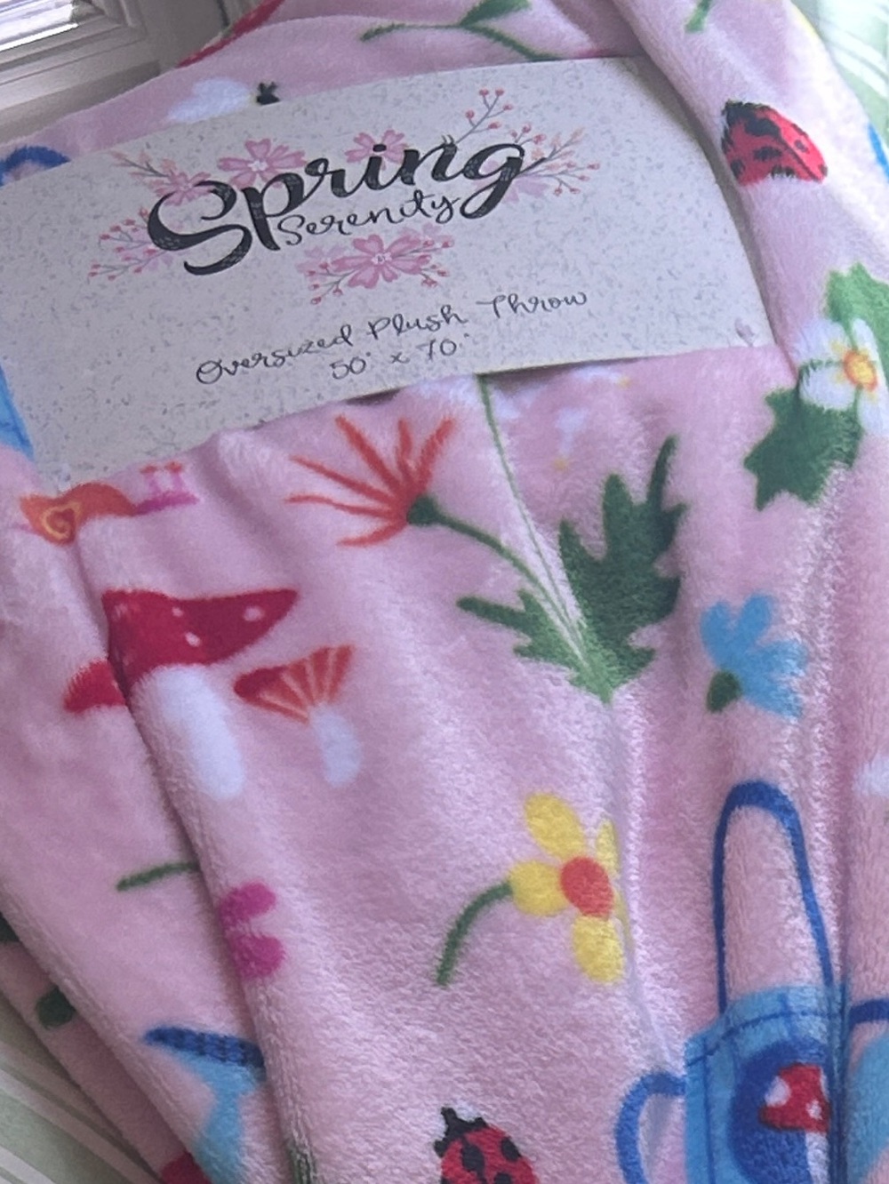 Summer Plush Blanket Spring Blooms Mushrooms Lady Bug Strawberries Pink 50 x 70